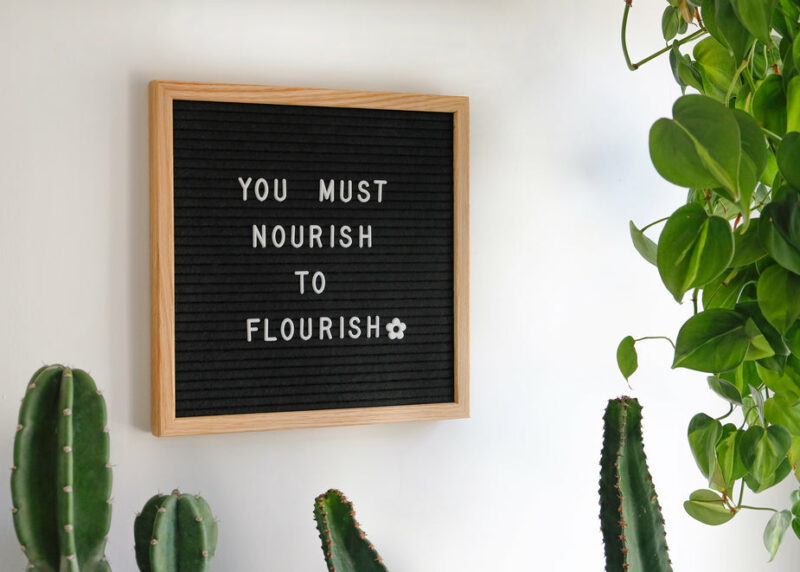 "You must nourish to flourish" on word board